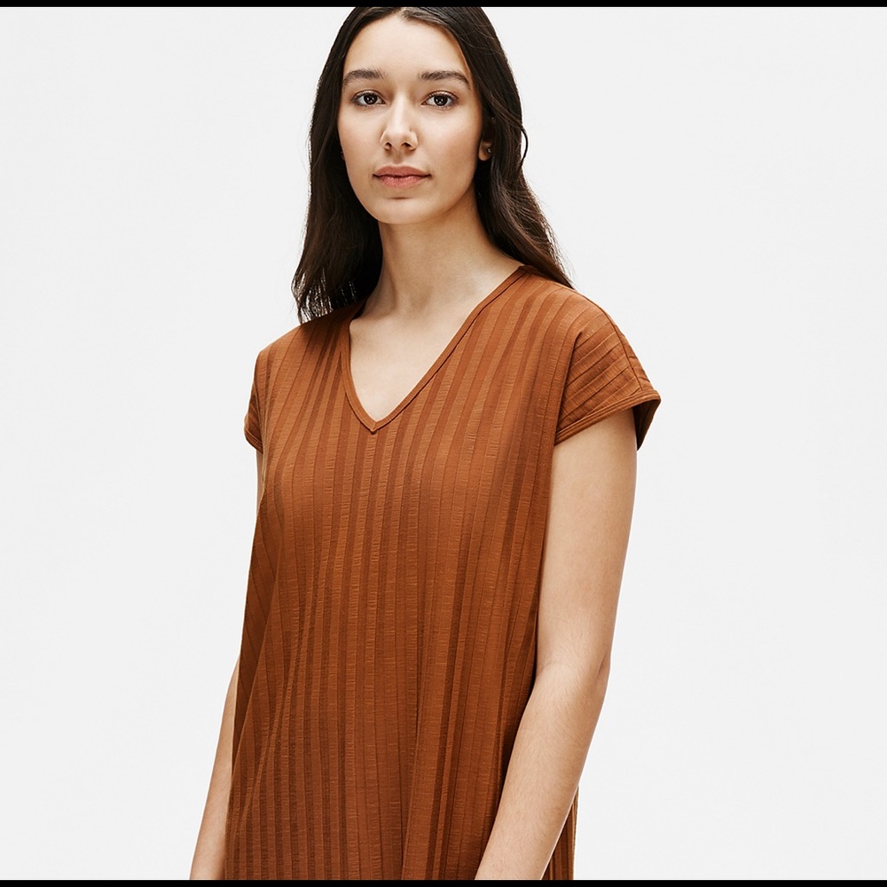 Eileen Fisher sz M Wide Rib V Neck Cap Sleeve Dress in Cinnamon